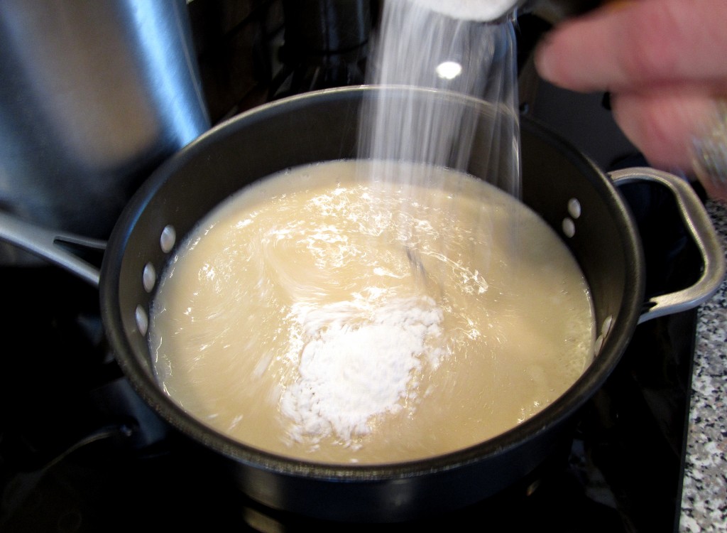 Adding the flour - roux the color of straw.